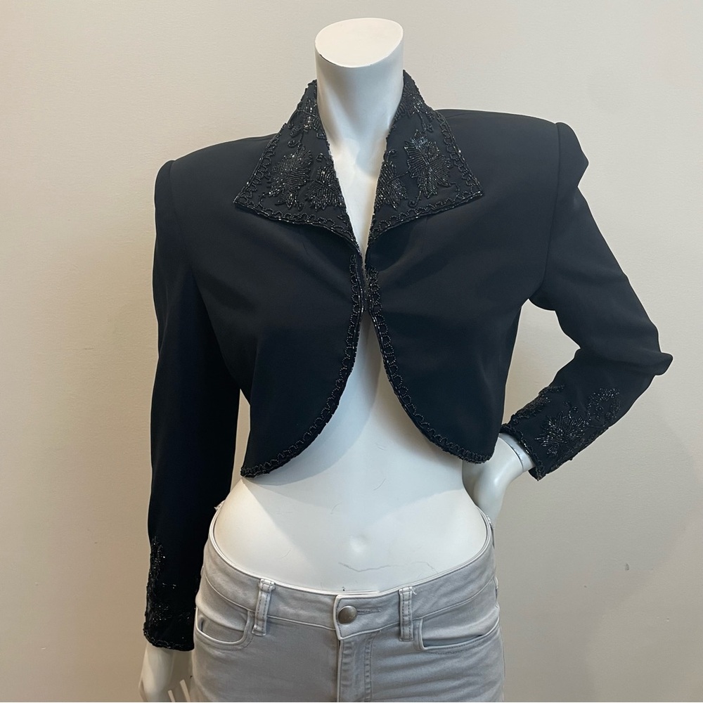 Oleg Cassini Black Beaded Cropped Blazer